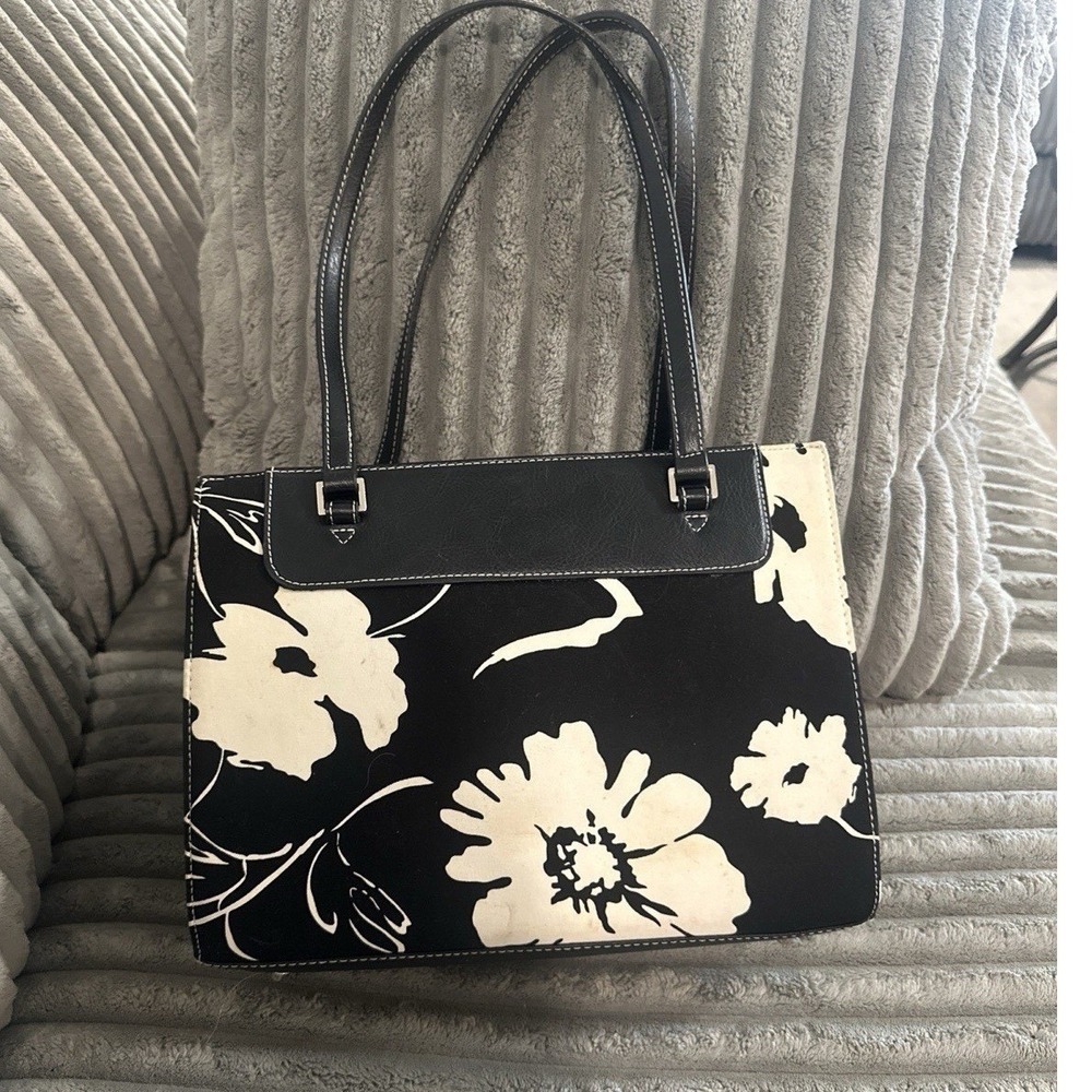 Black Cream Floral Canvas Bag Handbag Purse Hibiscus Stitched Double Strap Zip